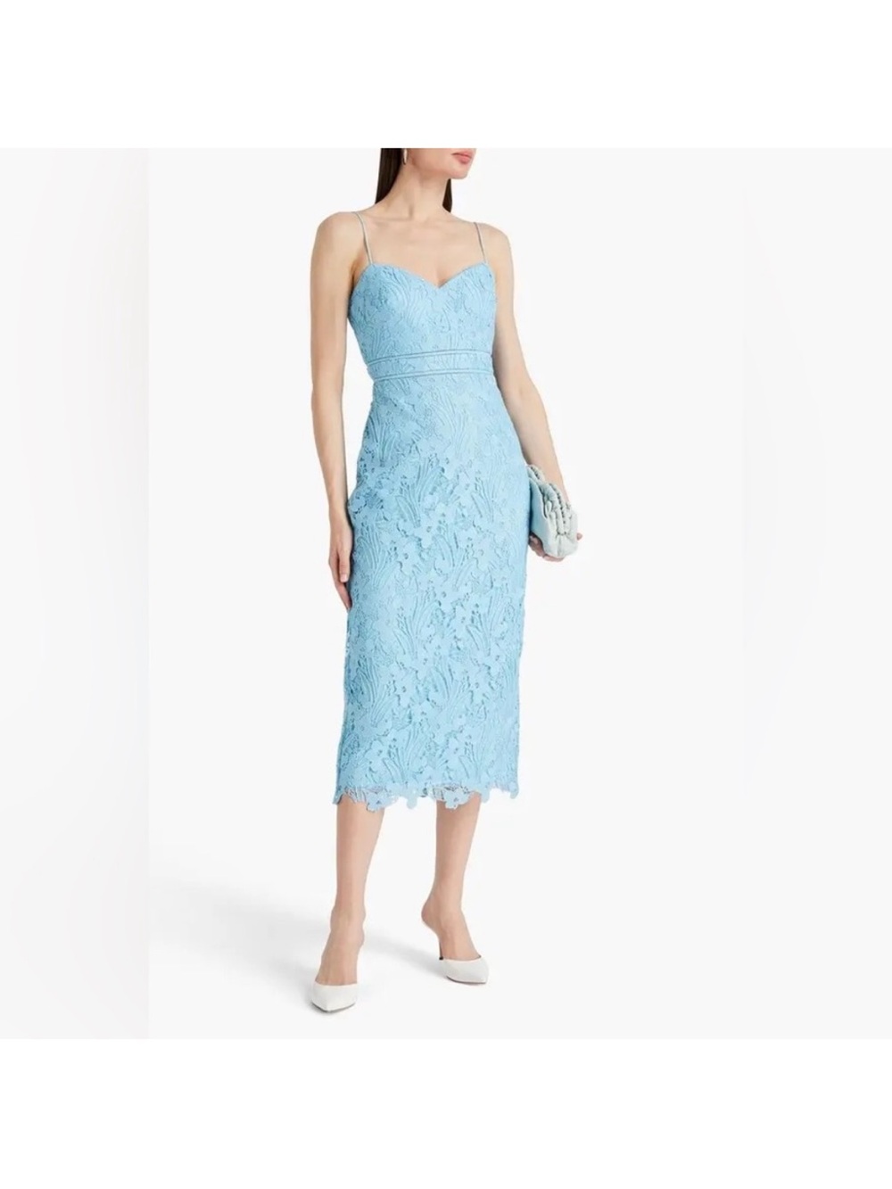 Monique Lhuillier Light Blue Lace Midi Spaghetti-Strap Dress